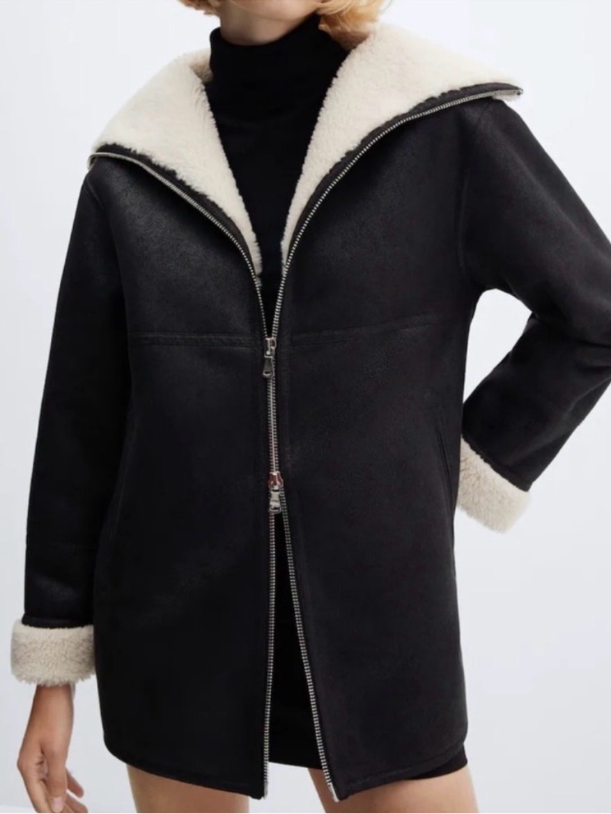 Mango Faux Shearling Zip-Up Jacket In Black With Cream Lining